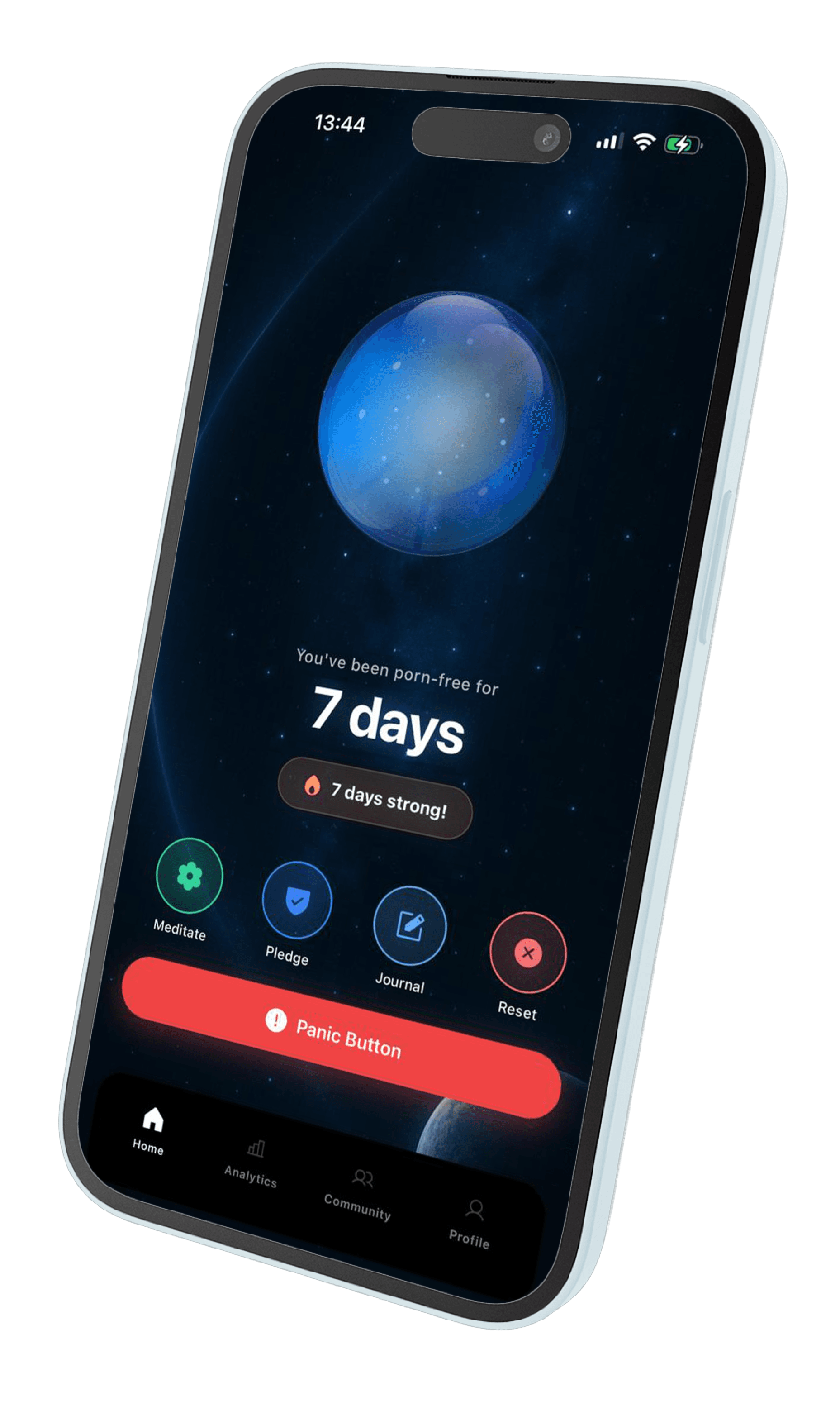 Reborn iPhone app showing a seven-day porn-free streak and milestone crystal
