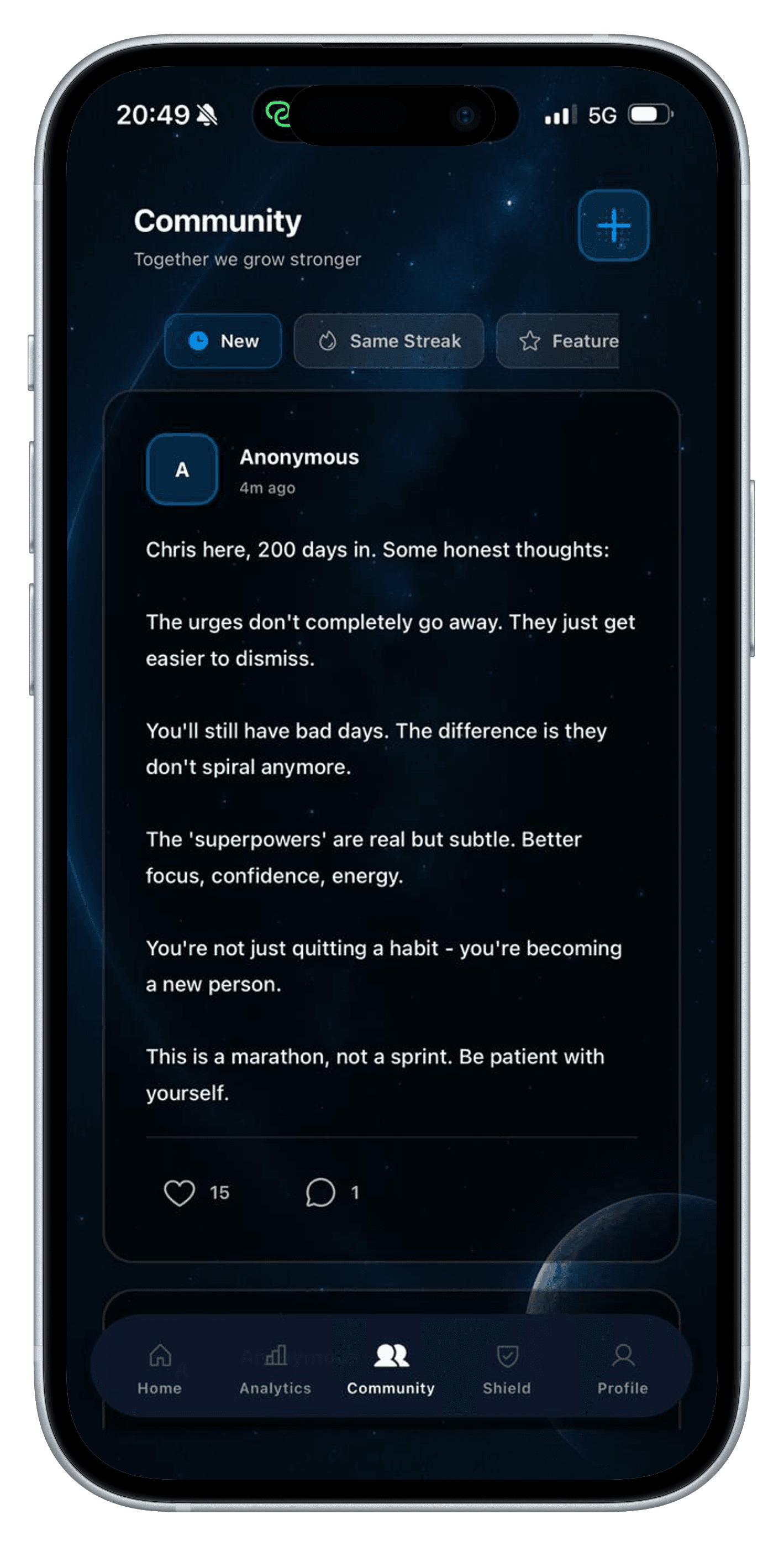 Reborn iPhone community screen showing an anonymous recovery post and filters