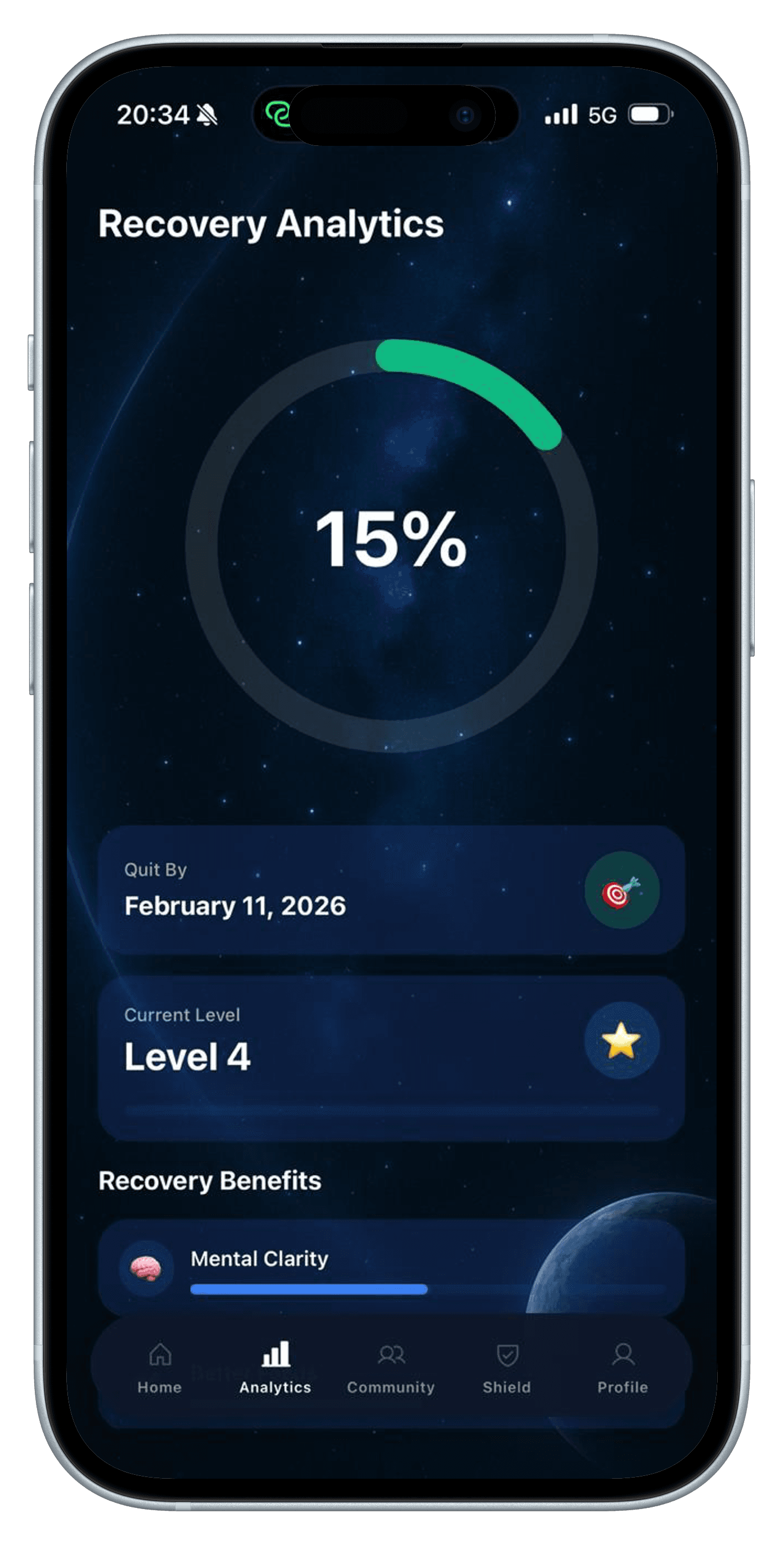 Reborn Recovery Analytics screen with progress ring, quit-by date, level, and recovery benefits